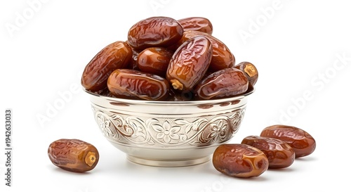 Sweet and nutritious dates, beautifully presented in an elegant silver bowl on a pristine white background, ideal for a healthy snack or festive occasion