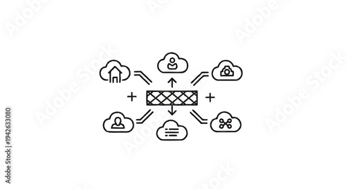 Network Hub Connecting Various Cloud Services and Data Icons.