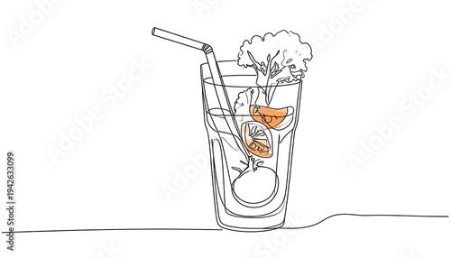 A line-drawing illustration featuring a tall glass filled with liquid and garnish, with a straw for drinking, showcasing fresh produce