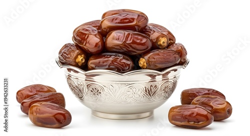 A close-up shot of a shiny silver bowl filled with ripe, sweet dates, with more dates scattered around it on a white surface