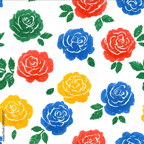isolated clipart image of watercolor geometric Matisse floral roses iris flowers pattern tile red yellow blue green linocut vector icon monochrome simple l