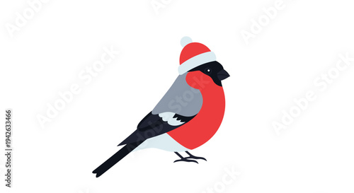 Adorable bullfinch bird wearing a red festive santa hat against a white background for christmas and winter holiday themes.