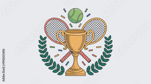 A golden trophy with tennis rackets and a ball, surrounded by laurel leaves and confetti, symbolizing victory in a tennis tournament.
