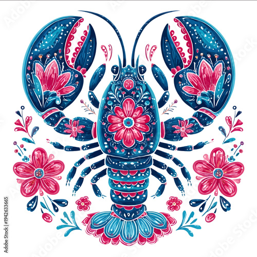 isolated clipart image of gouache floral folk geometric lobster red pink blue turquoise teal pattern tile vector icon monochrome simple logo for kids on a