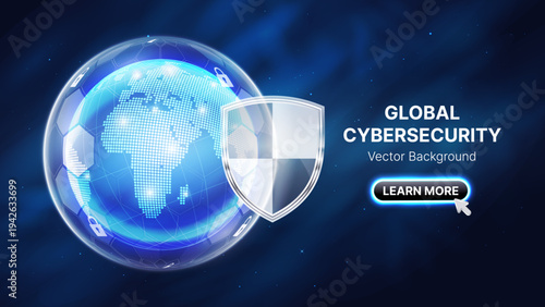 Global Cybersecurity Concept with Shield Protection on Digital Earth – World Network Security, Data Protection Technology Background Vector Illustration