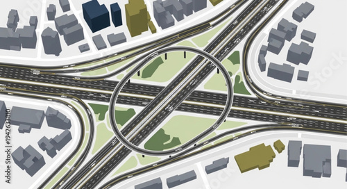 Aerial View of Complex Highway Interchange with Circular Overpass.