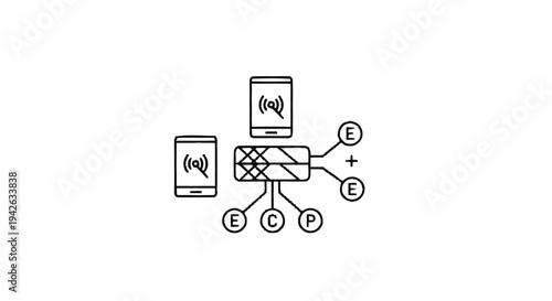 Network connectivity diagram with devices and symbols.