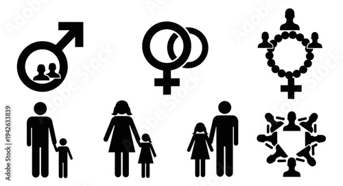 Diverse Family and Community Pictograms Representing Relationships and Social Structures.