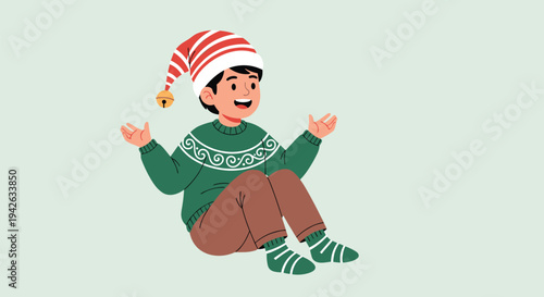 Cheerful illustration of a boy wearing a festive elf hat and winter sweater sitting on a pale green background.
