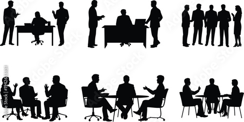 Business people meeting silhouettes collection, corporate teamwork discussion and office communication scenes, professional partnership and strategy planning concept flat vector illustration