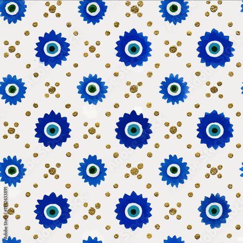 isolated clipart image of watercolor geometric lattice blue gold green foil handpainted evil eye repetitive pattern linocut vector icon monochrome simple l