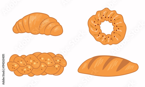 Bakery bread set with croissant, baguette and braided loaf