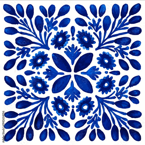 isolated clipart image of gouache blue floral folk vines geometric grids tiles pattern tile vector icon monochrome simple logo for kids on a white backgrou