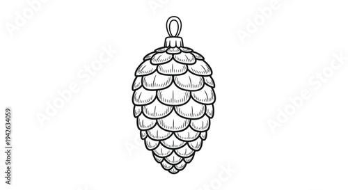 Detailed black and white line art illustration of a pine cone christmas ornament for holiday themed coloring or design.
