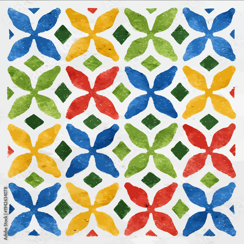 isolated clipart image of watercolor geometric grids Portuguese pattern tile red yellow blue green linocut vector icon monochrome simple logo for kids on a