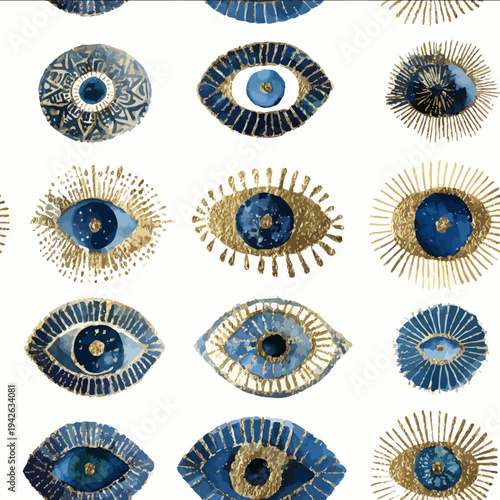 isolated clipart image of watercolor geometric vertical stripes blue gold green foil handpainted evil eye repetitive rays pattern linocut vector