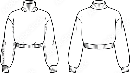 Black and white cropped turtleneck sweater fashion technical drawing, front and back view, long sleeve knitted pullover apparel outline vector template isolated on background