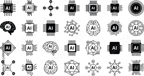 Artificial intelligence icon set featuring processor chips, brain neural networks, and digital circuit symbols, CAD drawing flat vector illustration, isolated icons
