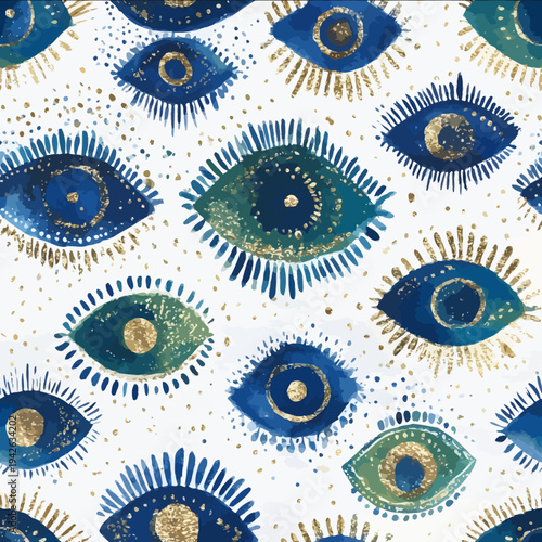 isolated clipart image of watercolor geometric blue gold green foil handpainted evil eye repetitive pattern linocut vector icon monochrome simple logo for