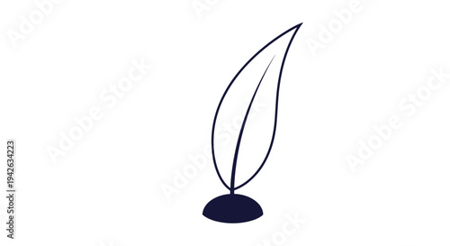 Simple dark blue illustration of a quill pen feather standing in an inkwell holder for writing and literary themes.