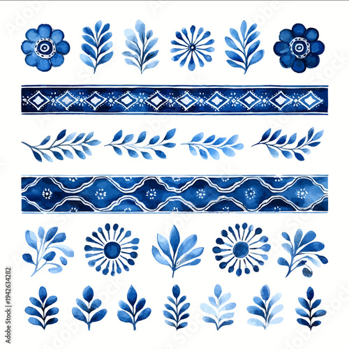 isolated clipart image of watercolor gouache blueand white borders strips floral folk Marrakech geometric pattern tile vector icon monochrome sim
