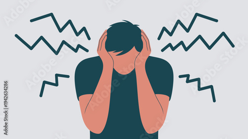 A stressed man with his hands on his head, experiencing anxiety and frustration in a chaotic environment.