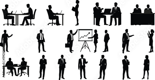 Business people presentation meeting discussion corporate office teamwork leadership strategy communication professional silhouette flat vector illustration design