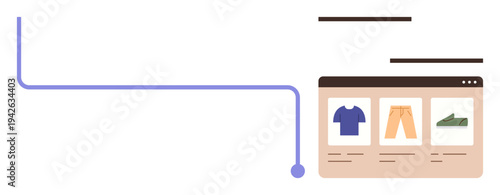 Online shopping, product management, retail web design, digital connectivity, clothing sales, e-commerce tools. A webpage displaying clothing items with a connecting line. E-commerce tools and online