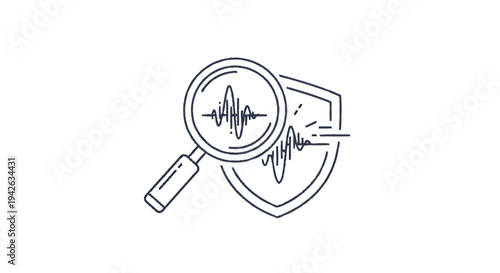 Magnifying Glass Inspecting Sound Wave Security Shield.