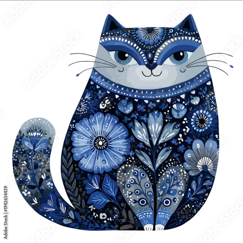 isolated clipart image of watercolor gouache blue floral folk geometric cat vector icon monochrome simple logo for kids on a white background
