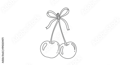 Sweet black and white line art illustration of a pair of fresh cherries tied together with a dainty decorative ribbon bow.
