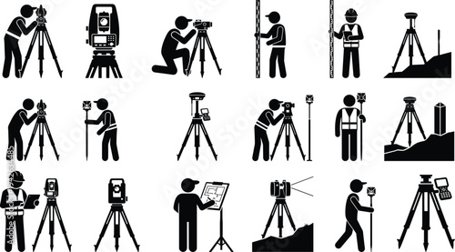 Professional Land Surveying Icon Set Featuring Engineers Using Total Stations GPS Equipment Measuring Rods and Topographic Mapping Tools