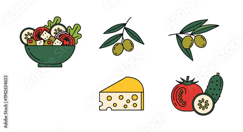 Mediterranean Salad Line art clean colorful abstract vector