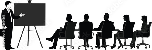 Business presentation meeting corporate training seminar office teamwork leadership strategy communication audience silhouette flat vector illustration design