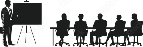 Business presentation meeting, corporate training seminar office teamwork leadership strategy communication conference discussion audience boardroom silhouette flat vector illustration