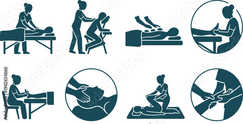 Professional Massage Therapy Icon Set Featuring Spa Treatments Body Wellness Physical Therapy and Stress Relief Relaxation Techniques