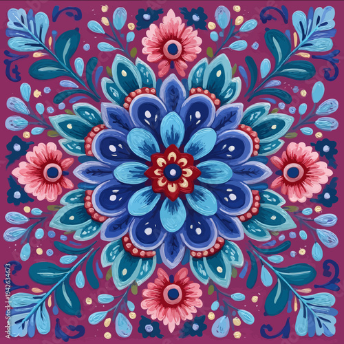 isolated clipart image of gouache floral folk geometric red pink blue turquoise teal symmetry pattern tile vector icon monochrome simple logo for kids on a