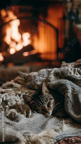 Cozy winter scene of a cute tabby cat sleeping peacefully under a warm blanket in front of a burning fireplace, creating a relaxing and comfortable atmosphere in a rustic country home