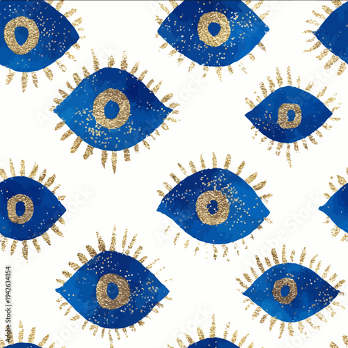 isolated clipart image of watercolor geometric blue gold foil handpainted evil eye repetitive pattern linocut vector icon monochrome simple logo