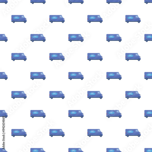 Seamless pattern featuring blue dry cleaning delivery vans on a white background