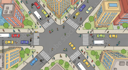 Aerial View of a Busy City Intersection with Pedestrians and Vehicles.