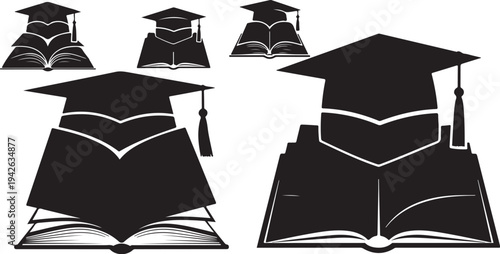 Graduation caps and books education symbols illustrations set