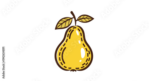 Charming yellow pear illustration with decorative stitched details and brown leaves on a plain white background.