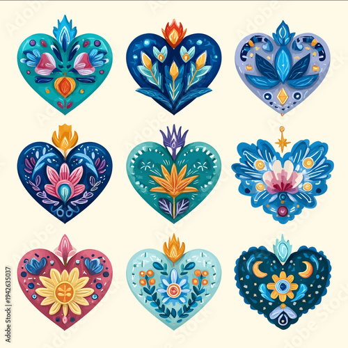folk art or boho hearts decorated with flower flame moon stars leaves lace icon vector