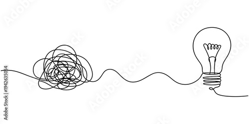 unraveling to glowing light bulb animation continuous one line drawing, Animated One continuous line drawing of tangled and scribble wires with light bulbs. Concept of complex problem solving process