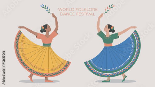 Two women in traditional folk dance costumes performing at a cultural festival with colorful skirts and leaves.