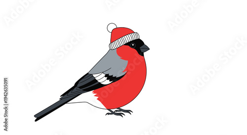 Red bullfinch bird wearing a cozy red and white winter beanie hat isolated on a plain white background.