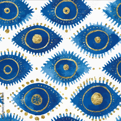 isolated clipart image of watercolor geometric blue gold foil handpainted evil eye repetitive pattern stripes linocut vector icon monochrome simp
