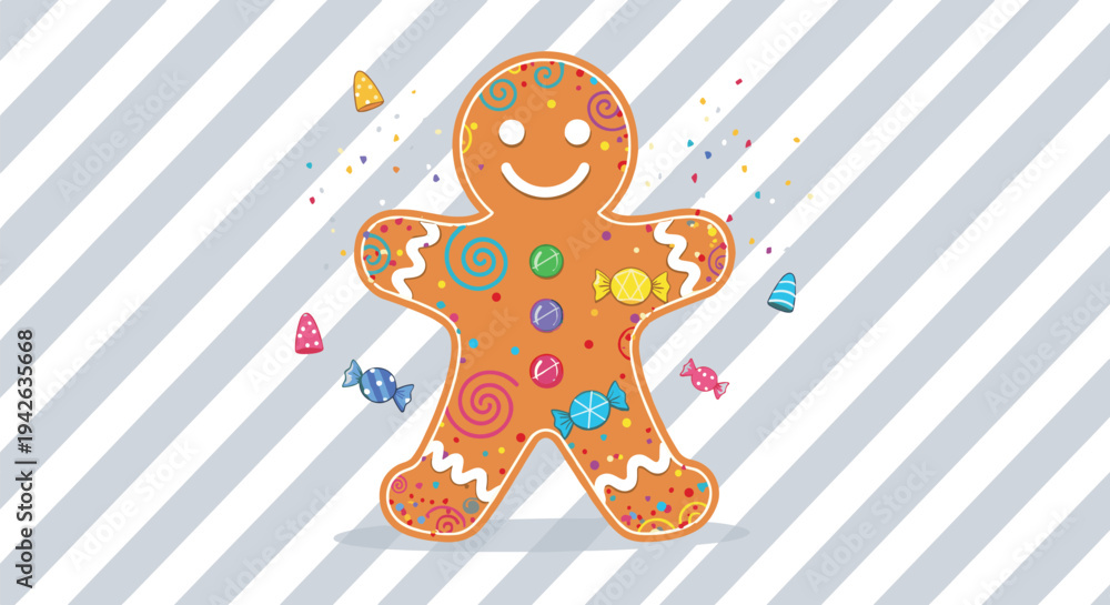 Naklejka premium Smiling gingerbread man cookie decorated with colorful swirls and candies on a grey and white striped background.