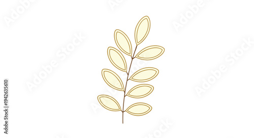 Simple branch with small oval leaves in a pale yellow color with dark outlines isolated on white background.